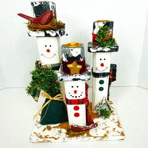 Trio of Snowmen Wood Hand Painted Candle Holders